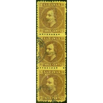 Sarawak 1899 2c on 3c Brown-Yellow SG32a 'Stop after Three' Good Used Strip of 3