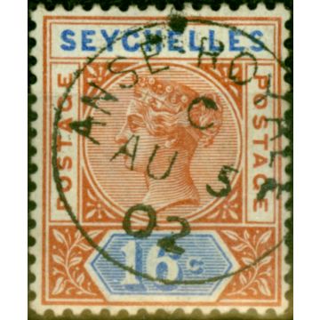 Seychelles 1892 16c Chestnut & Ultramarine SG13 Superb Used ANSE ROYALE CDS 