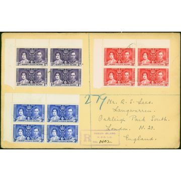 Solomon Is 1937 Coronation Set of 3 SG40-42 Fine Used Blocks of 4 on Reg Cover to London