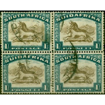 South Africa 1932 1s Brown & Deep Blue SG48cw Wmk Inverted Good Used Block of 4 