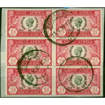 South AFrica 1935 1d Black & Carmine SG66a 'Cleft Skull' Fine Used Block of 6 