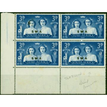 S.W.A 1947 3d Blue SG136a 'Black-Eyed Princess' in Good MNH Block of 4