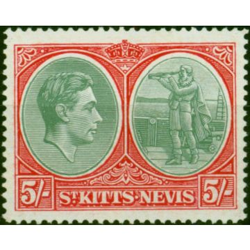 St Kitts-Nevis 1943 5s Grey-Green & Scarlet SG77a Chalk V.F MNH 