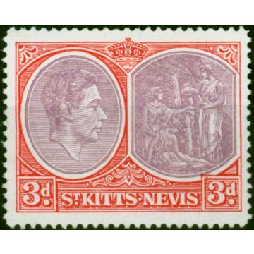 St Kitts Nevis 1943 3d Dull Reddish Purple & Carmine-Red SG73 P.14 Chalk Fine MM 