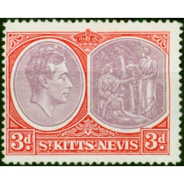 St Kitts Nevis 1943 3d Dull Reddish Purple & Carmine-Red SG73 P.14 Chalk Fine MM (2) 