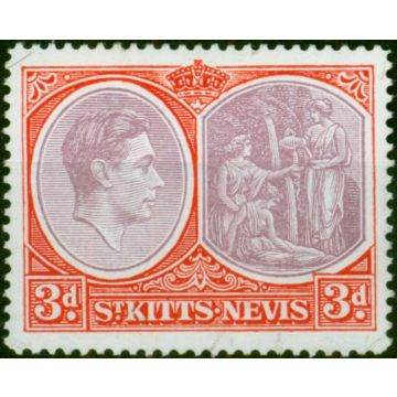 St Kitts Nevis 1943 3d Dull Reddish Purple & Carmine-Red SG73 P.14 Chalk V.F MNH 