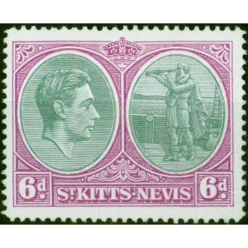 St Kitts Nevis 1944 6d Green & Purple SG74c P.14 Ordin Fine MM (2) 