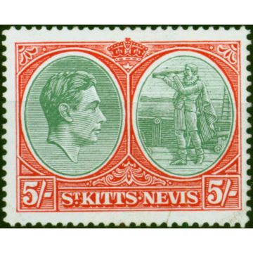 St Kitts Nevis 1950 5s Green & Scarlet Vermilion SG77c P.14 Chalk Fine LMM 