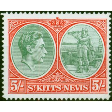 St Kitts Nevis 1950 5s Green & Scarlet Vermilion SG77c P.14 Chalk Fine VLMM 