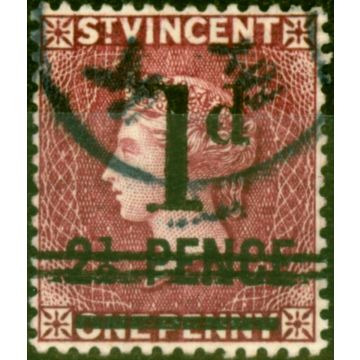 St Vincent 1885 1d on 2 1/2d Lake SG46Var Wmk Doubled Lined Letters V.F.U