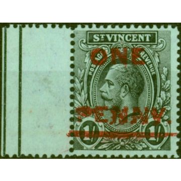 St Vincent 1915 1d on 1s Black-Green SG121c Penny & Bar Double V.F MNH Brandon Certificate 