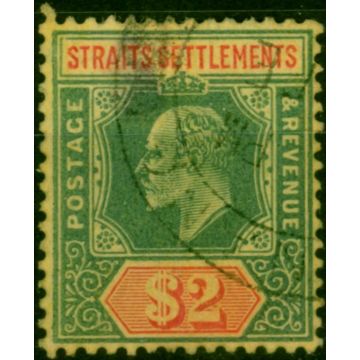 Straits Settlements 1909 $2 Green & Red-Yellow SG166 Fine Used (2)
