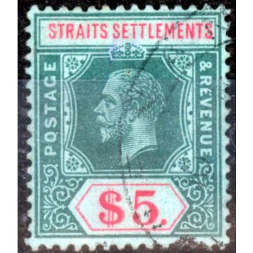 Straits Settlements 1920 $5 on Emerald Green Back SG212c V.F.U 