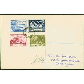 Swaziland 1949 UPU Set of 4 SG48-51 on 1st Day Reg Cover to Cape Town