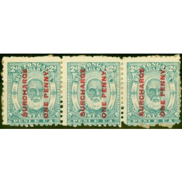 Tonga 1895 1d on 2d Pale Blue SG25 Good Mint Strip of 3