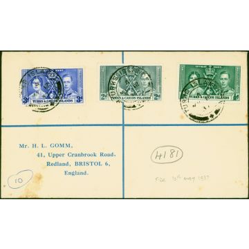 Turks & Caicos Is 1937 Coronation Set of 3 SG191-193 on 1st Day Cover to Bristol