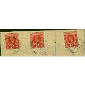 Virgin Islands 1913 1d Deep Red SG70 V.F.U x 3 on Large Registered Piece