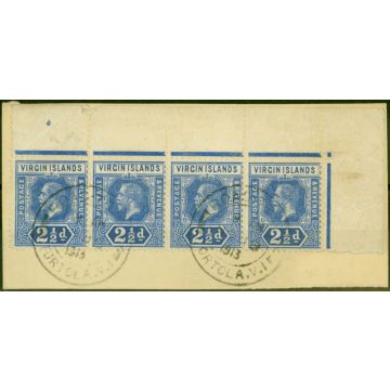 Virgin Islands 1913 2 1/2d Bright Blue SG72 Superb Used Strip of 4 on Piece