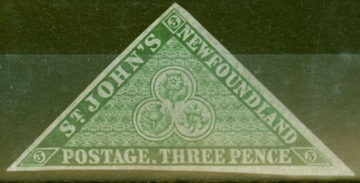 Rare Postage Stamp from Newfoundland 1857 3d Yellowish Green SG3 V.F Lightly Mtd Mint Scarce