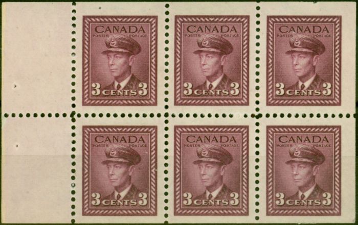 Rare Postage Stamp Canada 1943 3c Purple SG378b Booklet Pane of 6 Very Fine MNH