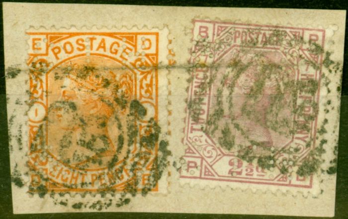 Rare Postage Stamp from GB 1876-77 8d Orange & 2 1/2d Rosy Mauve SG141 & SG156 Fine Used on Piece