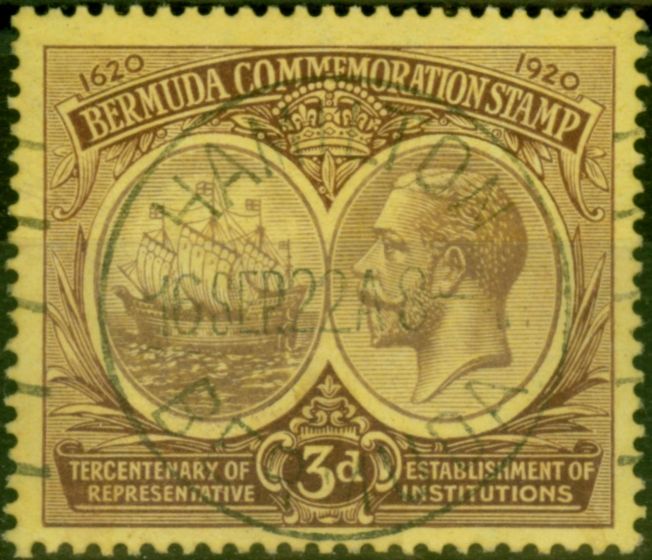 Collectible Postage Stamp Bermuda 1920 3d Dull & Deep Purple-Pale Yellow SG62 Fine Used