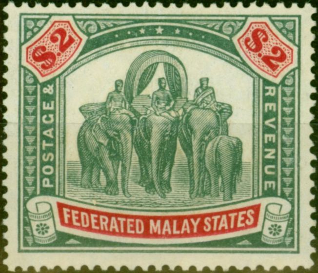 Old Postage Stamp Fed of Malay States 1926 $2 Green & Carmine SG78 Fine VLMM