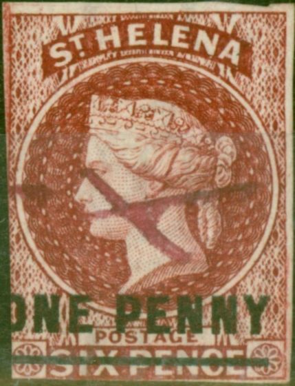 Old Postage Stamp from St Helena 1863 1d Lake SG4 Type B Good Used Contemporary Pen Cancel