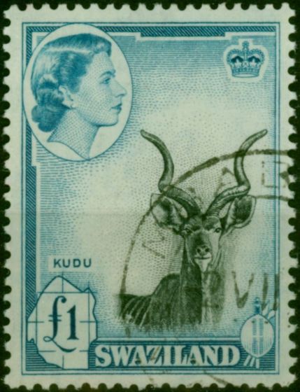 Swaziland 1956 £1 Black & Turquoise-Blue SG64 V.F.U . Queen Elizabeth II (1952-2022) Used Stamps