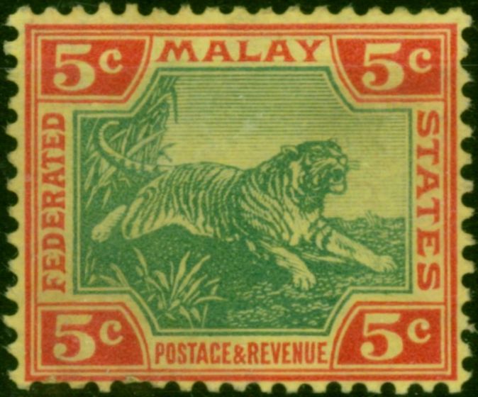 Fed of Malay States 1906 5c Green & Carmine-Yellow SG39aw 'Wmk Crown to Right of CA' Fine LMM . King Edward VII (1902-1910) Mint Stamps