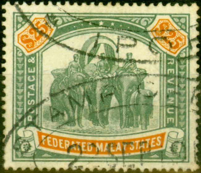 Rare Postage Stamp from Fed of Malay States 1909 $25 Green & Orange Fine Used Fiscal Cancel