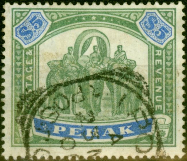 Valuable Postage Stamp from Perak 1896 $5 Green & Ultramarine SG79 Good Used
