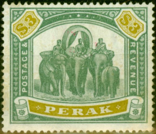 Valuable Postage Stamp from Perak 1898 $3 Green & Ochre SG78 Good Mtd Mint