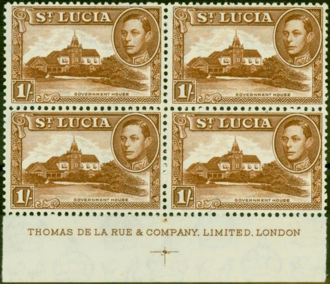Old Postage Stamp from St. Lucia 1948 1s Brown SG135a P.12 Fine MNH Imprint Block of 4