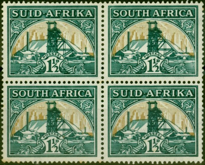 Collectible Postage Stamp South Africa 1940 1 1/2d Blue-Green & Dull Gold SG57e Fine MNH Block of 4