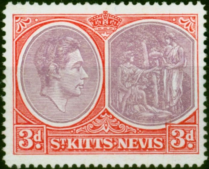 St Kitts Nevis 1943 3d Dull Reddish Purple & Carmine-Red SG73 P.14 Chalk Fine MM . King George VI (1936-1952) Mint Stamps