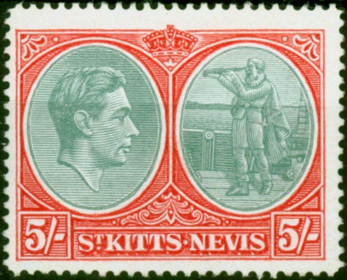 St Kitts Nevis 1945 5s Bluish Green & Scarlet SG77b P.14 Ordin Fine MM . King George VI (1936-1952) Mint Stamps