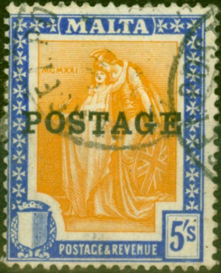 Rare Postage Stamp from Malta 1926 5s Orange-Yellow & Bright Ultramarine SG155 Fine Used