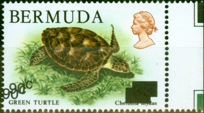 Rare Postage Stamp from Bermuda 1986 90c on $3 Turtle SG534a Surch Double V.F MNH