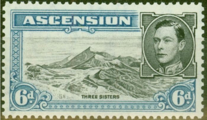 Rare Postage Stamp from Ascension 1944 6d Black & Blue SG43b P.13 V.F Lightly Mtd Mint