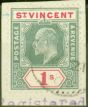 Old Postage Stamp from St Vincent 1902 1s Green & Carmine SG82 V.F.U on Small Registered Piece