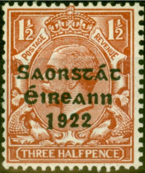Old Postage Stamp from Ireland 1923 1 1/2d Red-Brown SG69a Long 1 V.F Very Lightly Mtd Mint