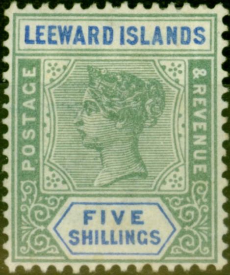 Old Postage Stamp from Leeward Islands 1890 5s Green & Blue SG8 Fine & Fresh Mtd Mint