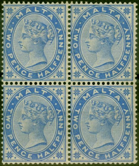 Rare Postage Stamp Malta 1885 2 1/2d Dull Blue SG24 Good MM & MNH Block of 4 Toned Gum