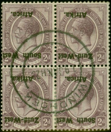 S.W.A 1923 2d Dull Purple SG3a 'Opt Inverted' V.F.U Block of 4 2 Pairs Scarce with Royal Cert . King George V (1910-1936) Used Stamps