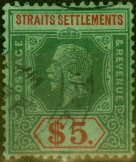 Old Postage Stamp Straits Settlements 1926 $5 Green & Red-Green SG240a Good Used (2)