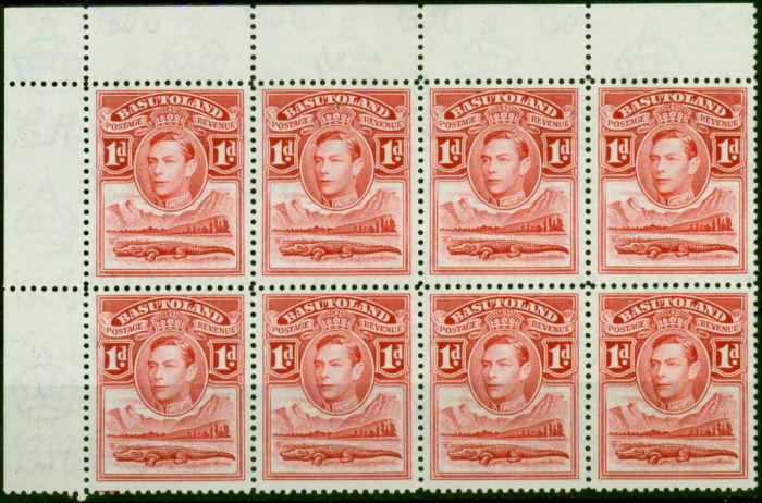 Basutoland 1938 1d Scarlet SG19a 'Tower Flaw' in a V.F MNH Corner Block of 8  King George VI (1936-1952) Rare Stamps