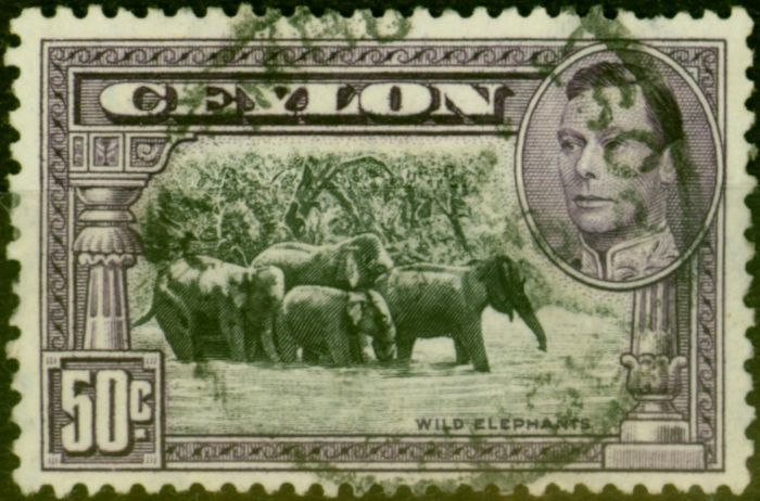 Old Postage Stamp from Ceylon 1938 50c Black & Mauve SG394 P.13 x 11.5 Fine Used