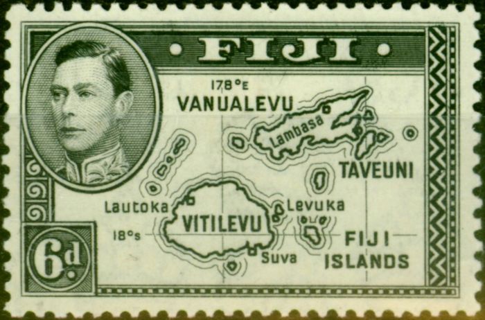 Rare Postage Stamp from Fiji 1938 6d Black SG260 Die I Good Mtd Mint