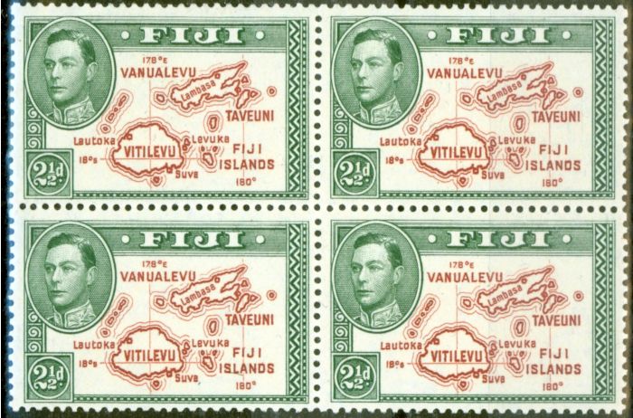 Rare Postage Stamp from Fiji 1942 2 1/2d Brown & Green SG256b P.13.5 V.F MNH Block of 4